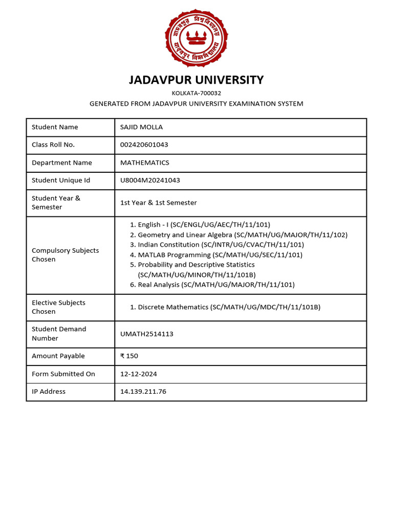 Jadavpur University Student Enrollment Details | PDF