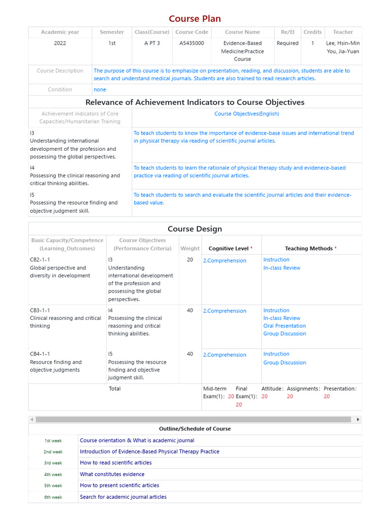 Evidence-Based Physical Therapy Course Plan | PDF | Evidence Based ...