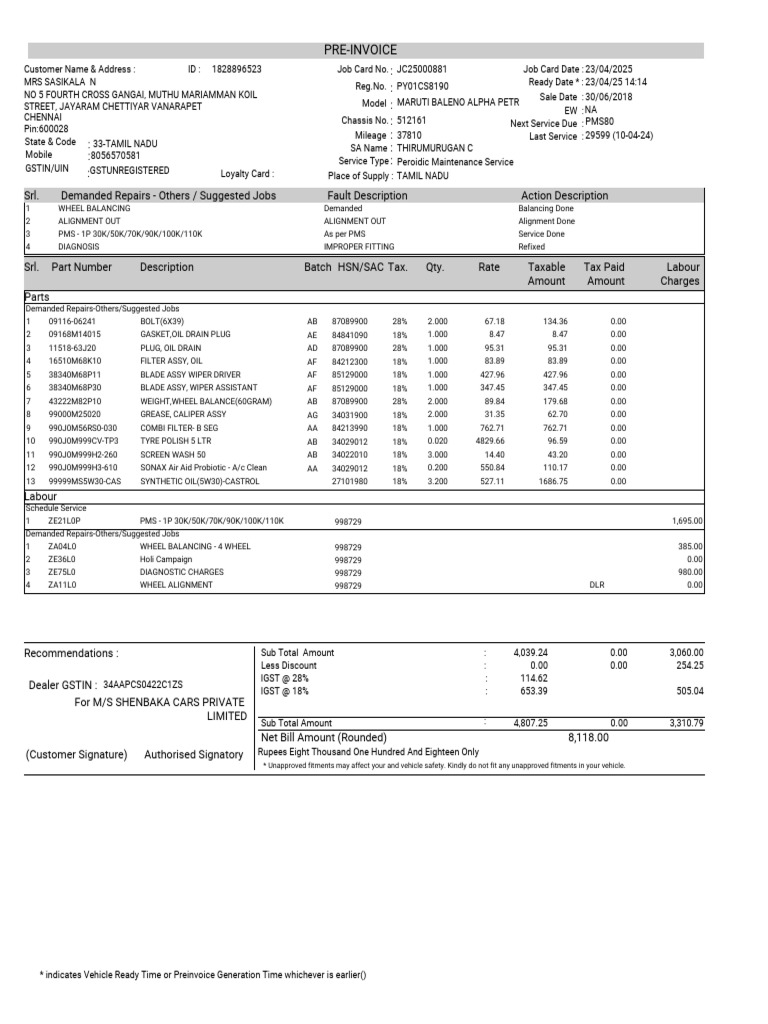 Pre-Invoice for PMS Services | PDF | Automotive Technologies ...