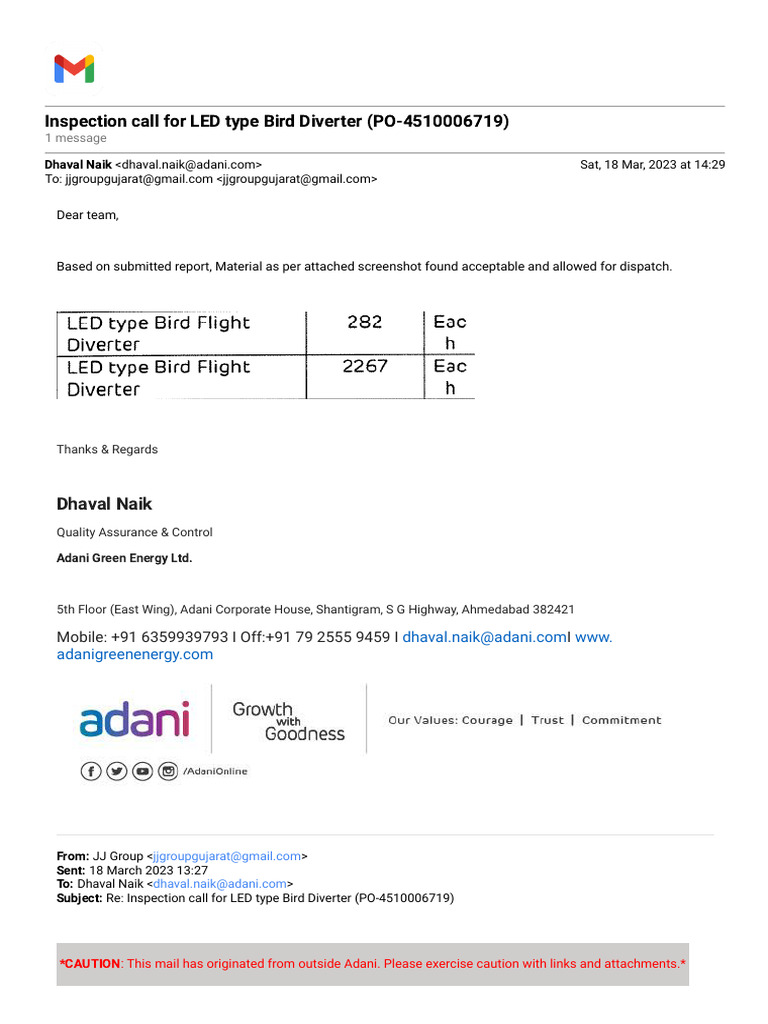 Gmail - Inspection Call For LED Type Bird Diverter (PO-4510006719) | PDF