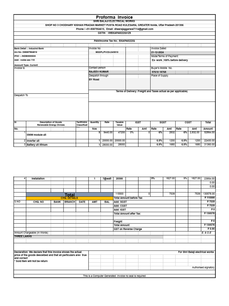 Invoice for Renewable Energy Devices | PDF | Invoice | Taxes