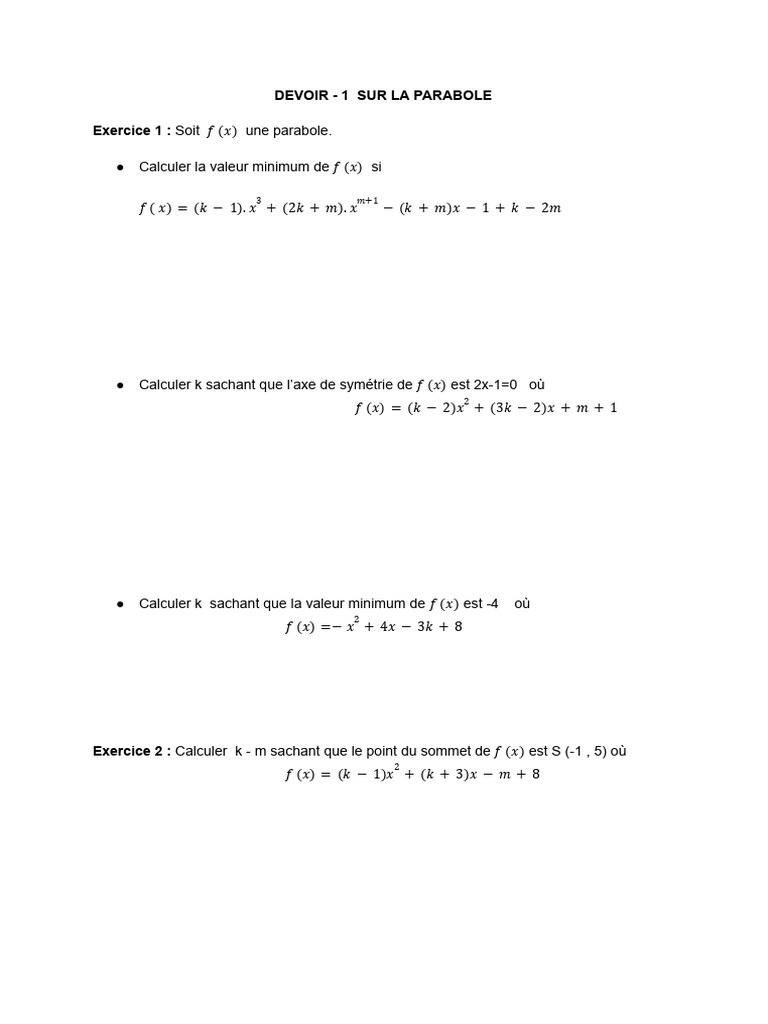 Exercices sur les Paraboles et Coefficients | PDF
