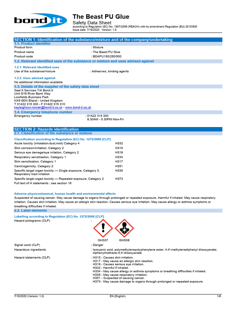 BDAPU150-The Beast PU Glue-SDS | PDF | Toxicity | Allergy