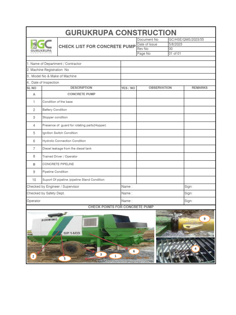 Concrete Pump Inspection Checklist 2024 | PDF