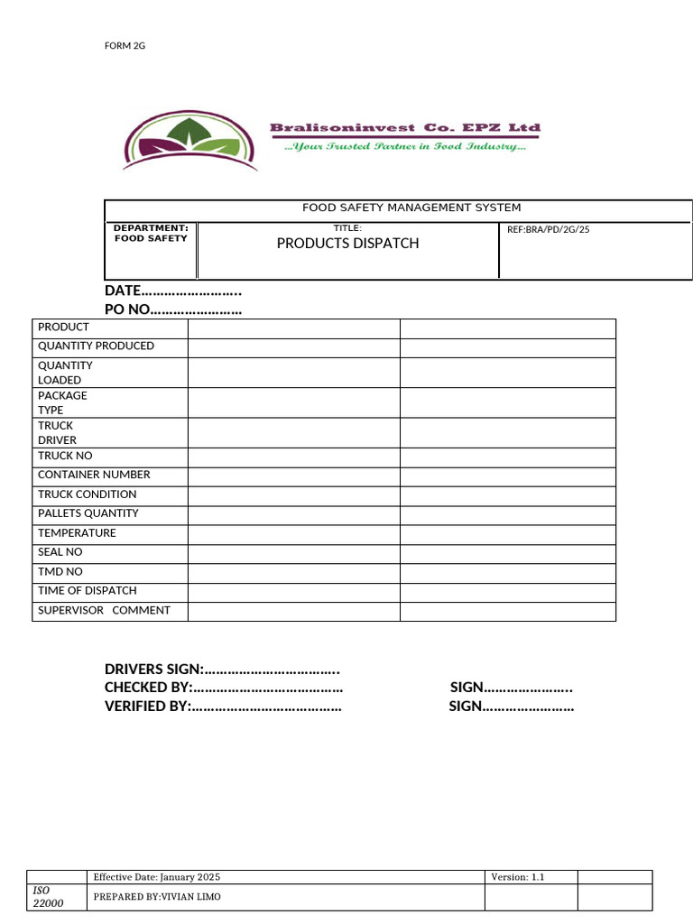Food Safety Dispatch Form 2G | PDF