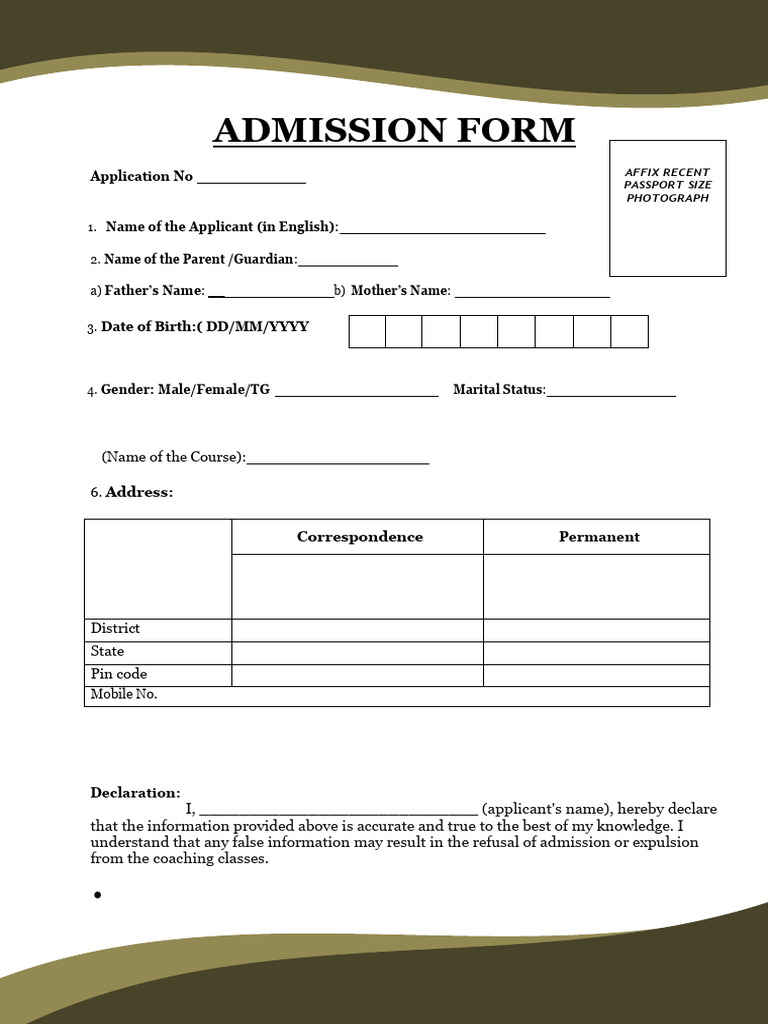 Admission Form Template | PDF