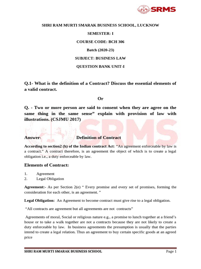 Business Law Contract Essentials Guide | PDF | Consideration | Offer ...