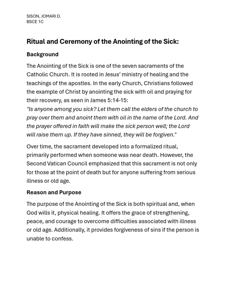 Anointing of the Sick Ritual Overview | PDF | Catholic Church | Sacraments