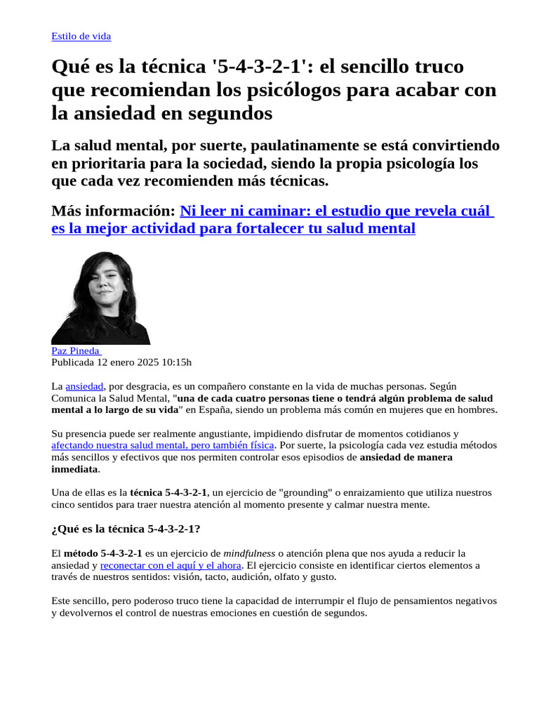 Tecnica 5 4 3 2 1 Reducir Ansiedad | PDF | Ansiedad | Mente