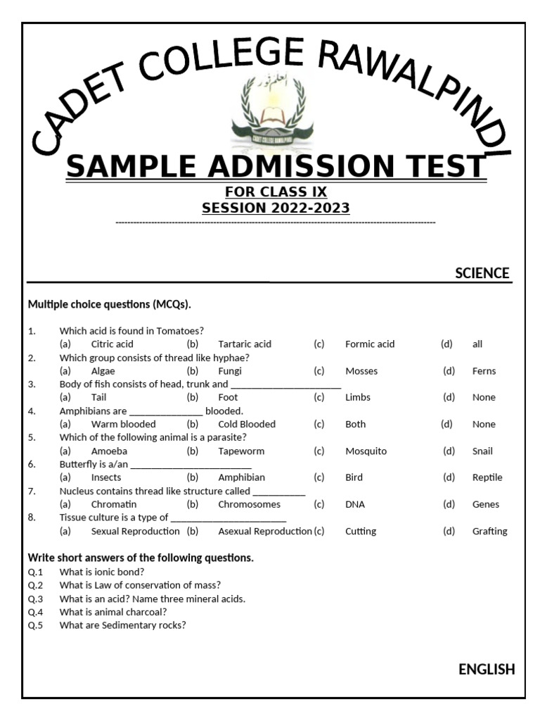Class IX Admission Test Sample 2022-23 | PDF | Reproduction | Biology