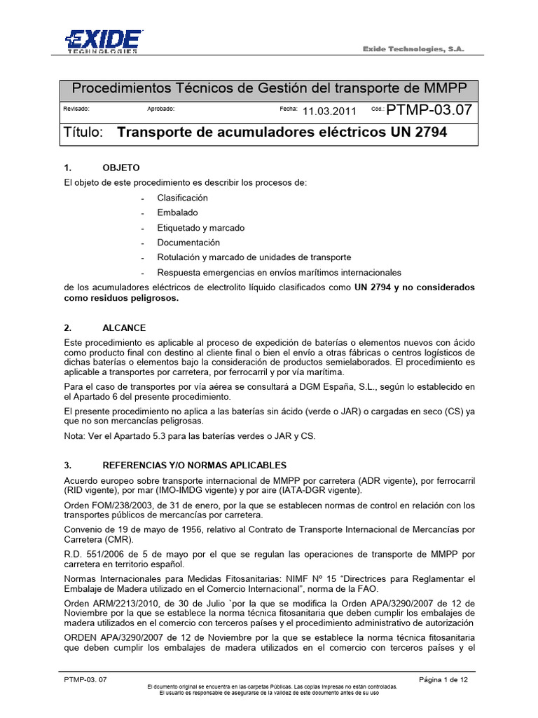 Transporte seguro de acumuladores UN 2794 | PDF | Transporte