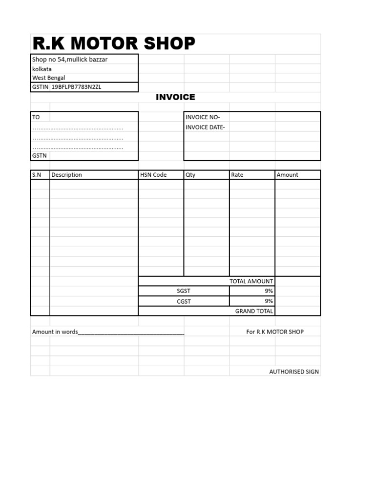 R.K Motor Shop Invoice Template | PDF
