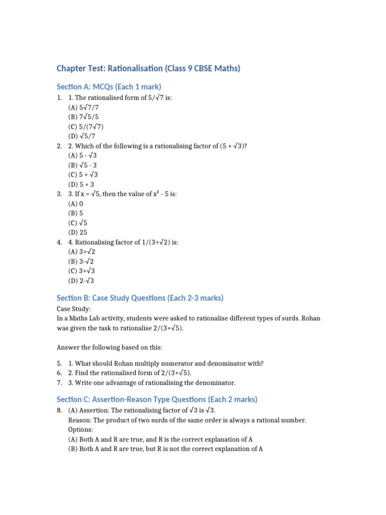 Class 9 Rationalisation Test Worksheet | PDF