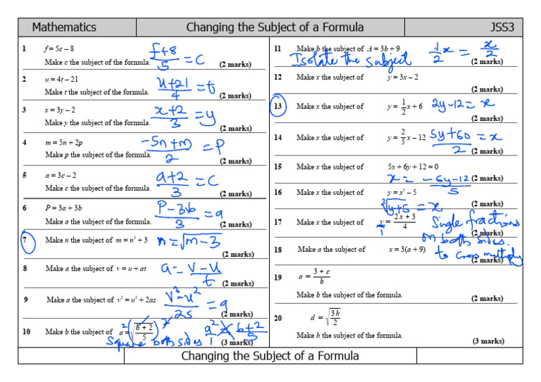 Changing the Subject of a Formula Worksheet | PDF | Mathematics