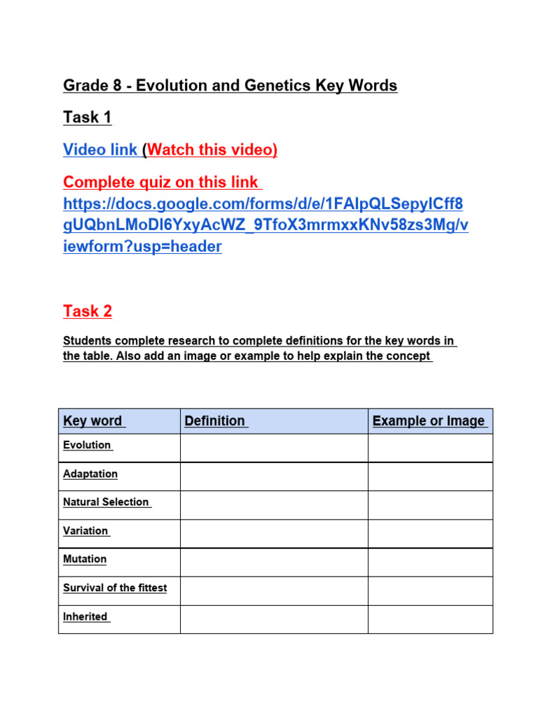 Grade 8 - Evolution and Genetics Key Words | PDF