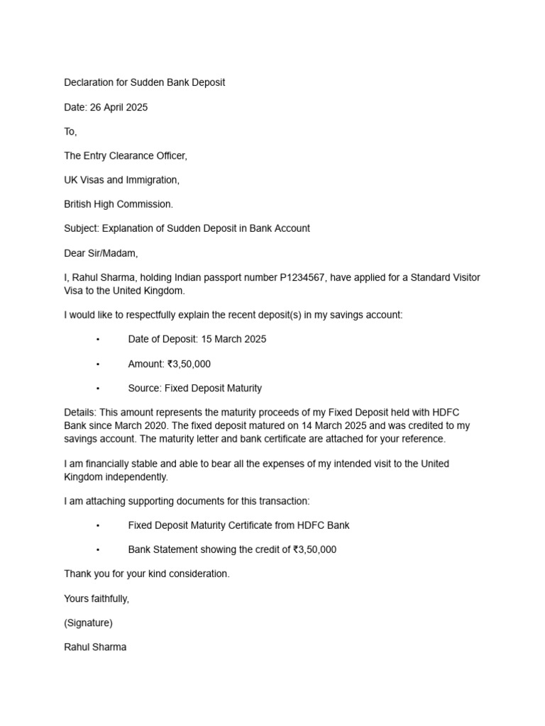 Declaration Letter For Sudden Deposit UK | PDF