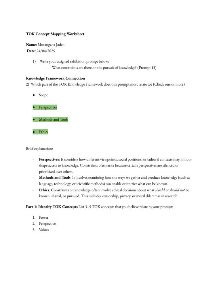 TOK Constraints on Knowledge Worksheet | PDF | Knowledge | Concept