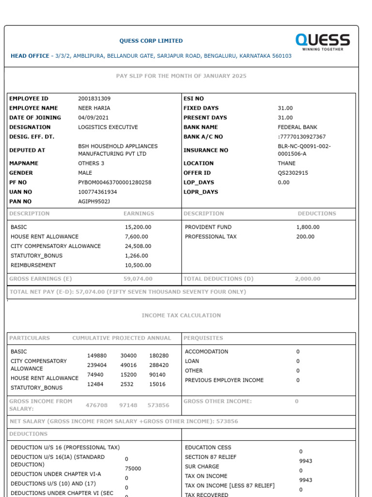 Quess Corp January 2025 Salary Slip | PDF | Tax Deduction | Salary