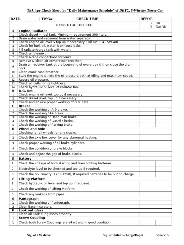 Daily Maintenance Checklist for DETC Tower Car | PDF | Brake | Engines