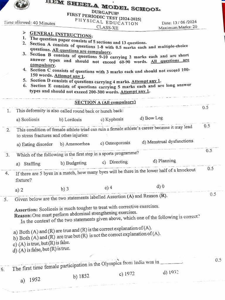 Physical Education CL 12 (2024-25) Papers | PDF