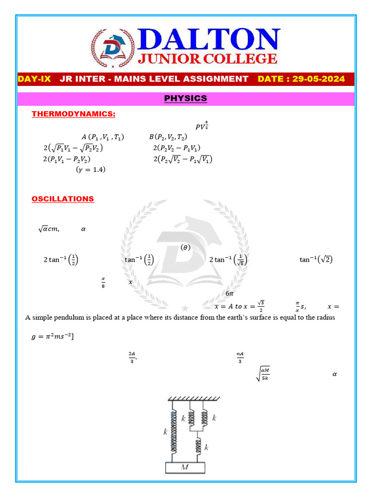 M.P.C Day-Ix Assignment (29-05-2024) | PDF | Oscillation | Classical ...