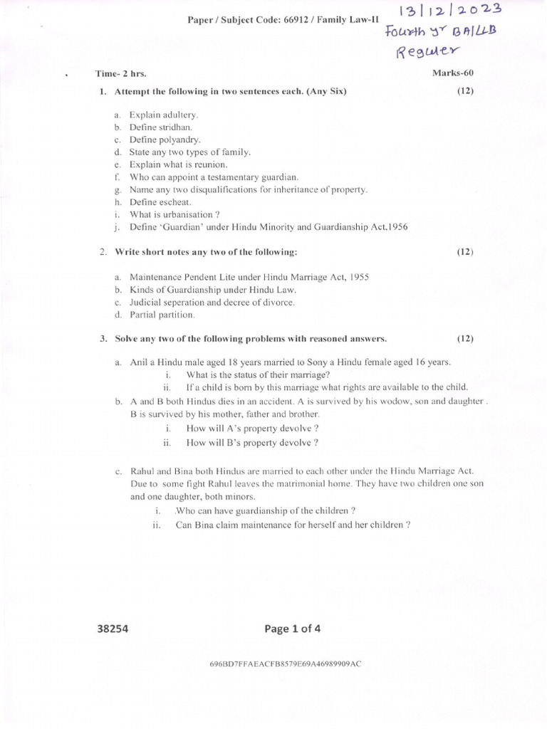 Family Law II Fourth Yr BA LLB | PDF