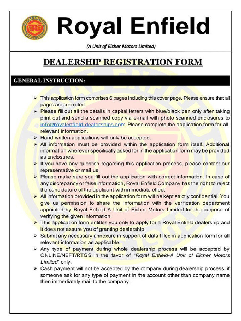 Royal Enfield Dlearship Application Form | PDF