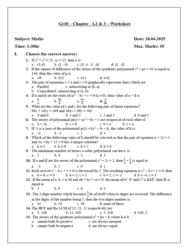 Class 10 Maths Worksheet: Chapters 1-3 | PDF | Quadratic Equation | Numbers