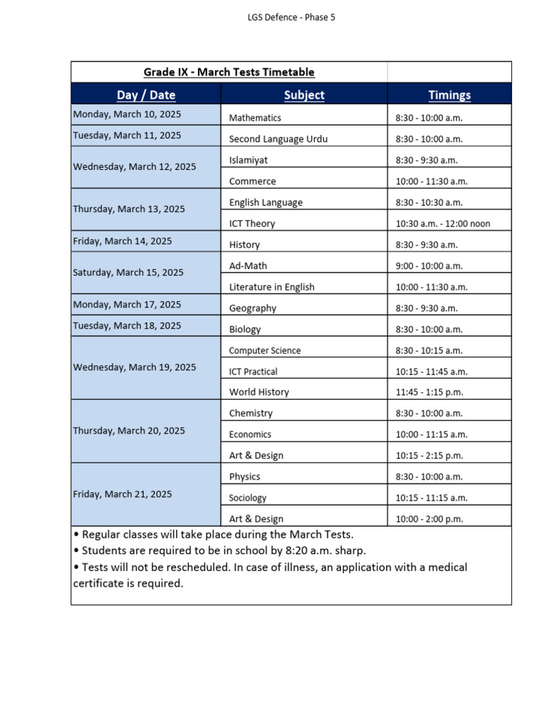 Grade IX Date Sheet Final R | PDF