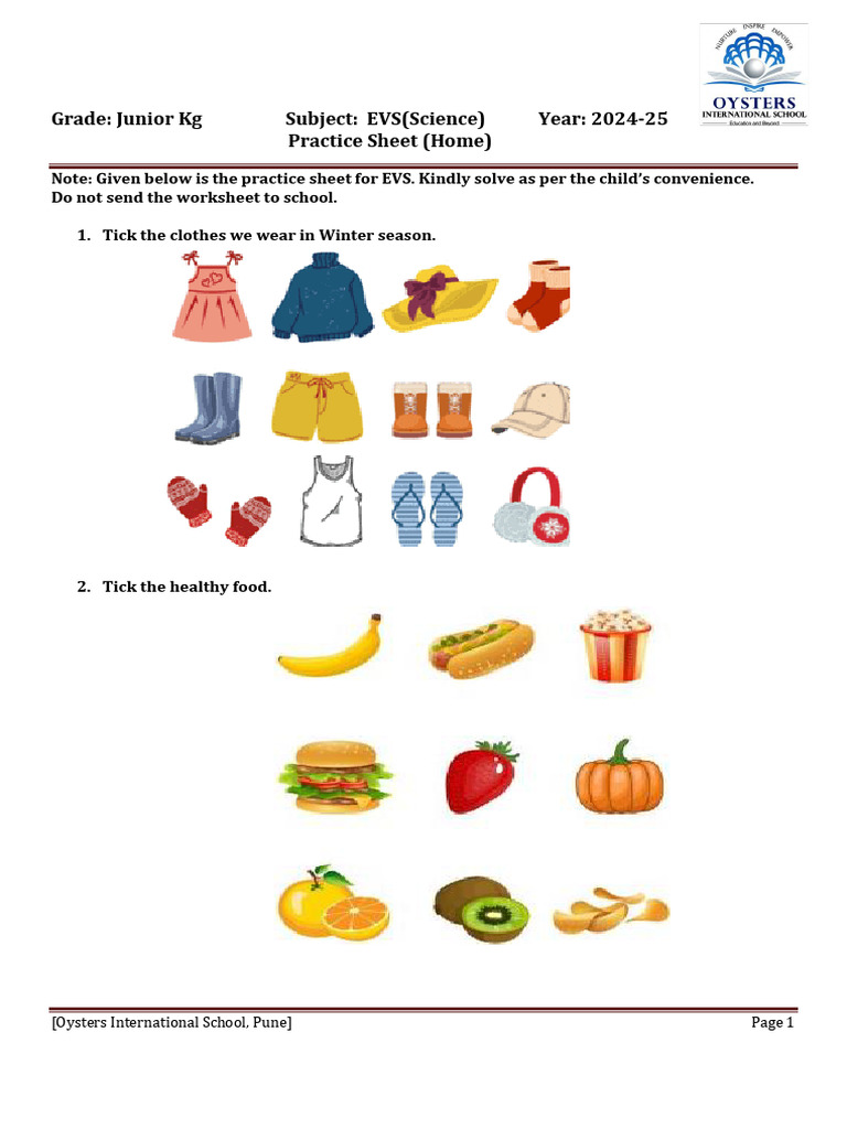 EVS Practice Sheet for Junior KG | PDF