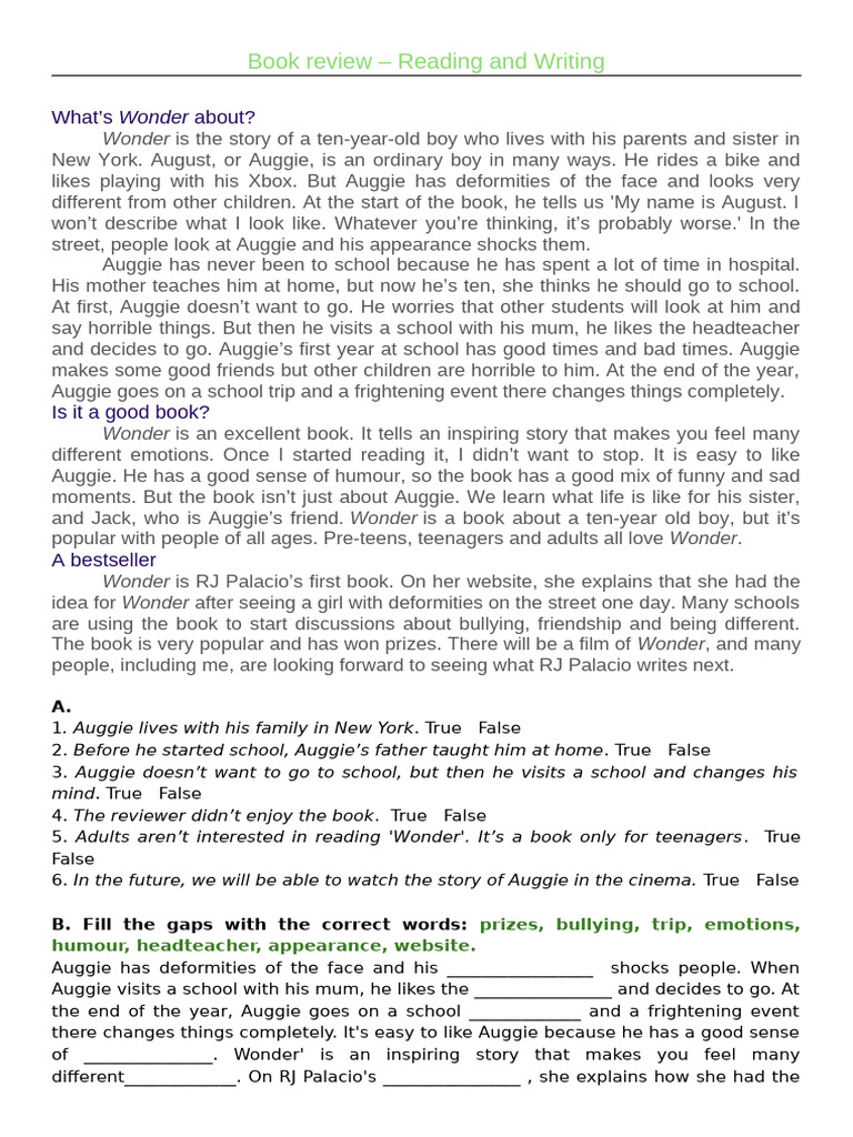 Review of RJ Palacio's "Wonder" | PDF