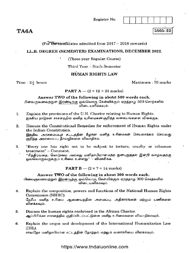 LLB 6 Sem Human Rights Law 5505 22 Dec 2022 | PDF