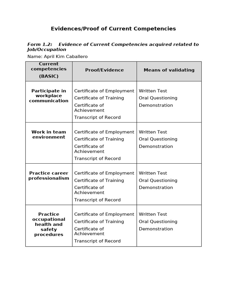 02B Evidences-Proof of Current Competencies | PDF