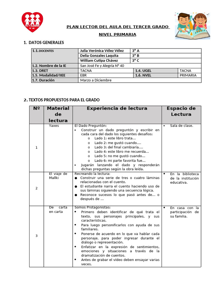 Plan Lector para Tercer Grado EBR | PDF