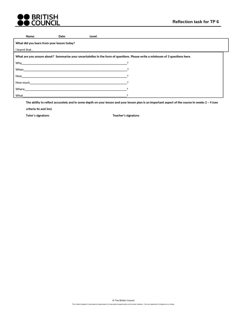 Lesson Reflection Task Template | PDF