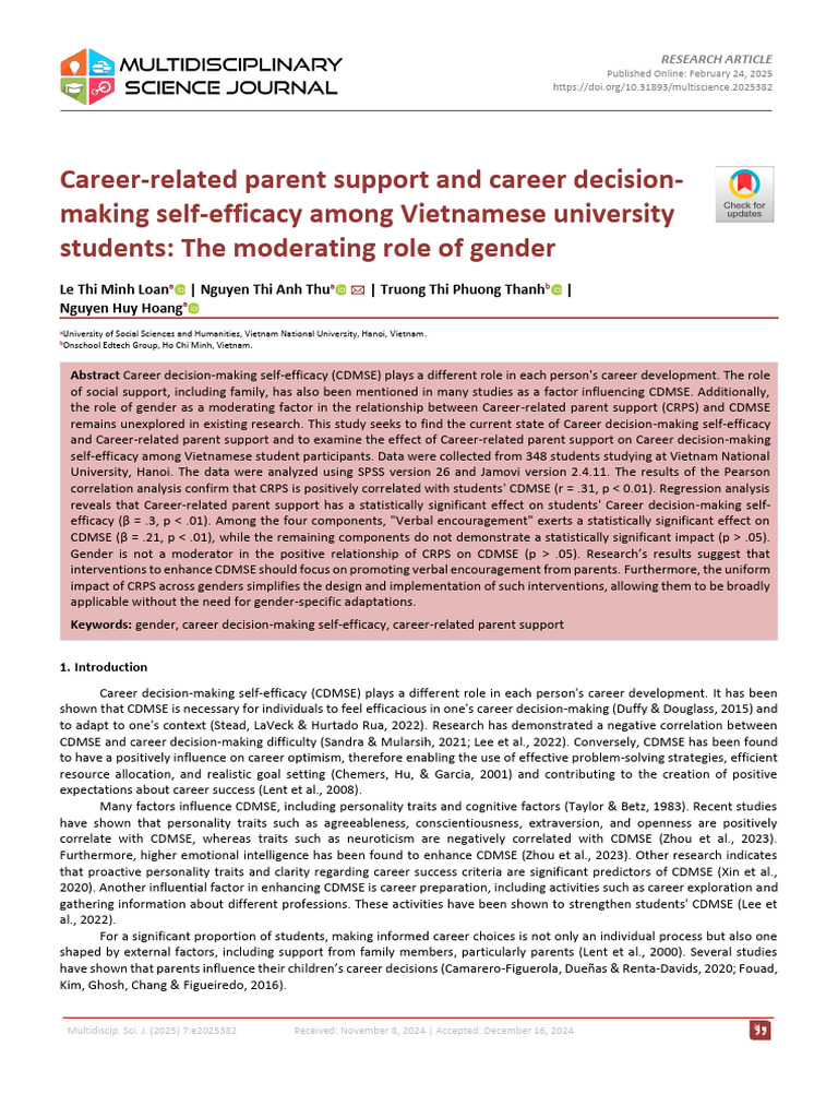 Parent Support and Career Self-Efficacy | PDF | Self Efficacy | Survey ...