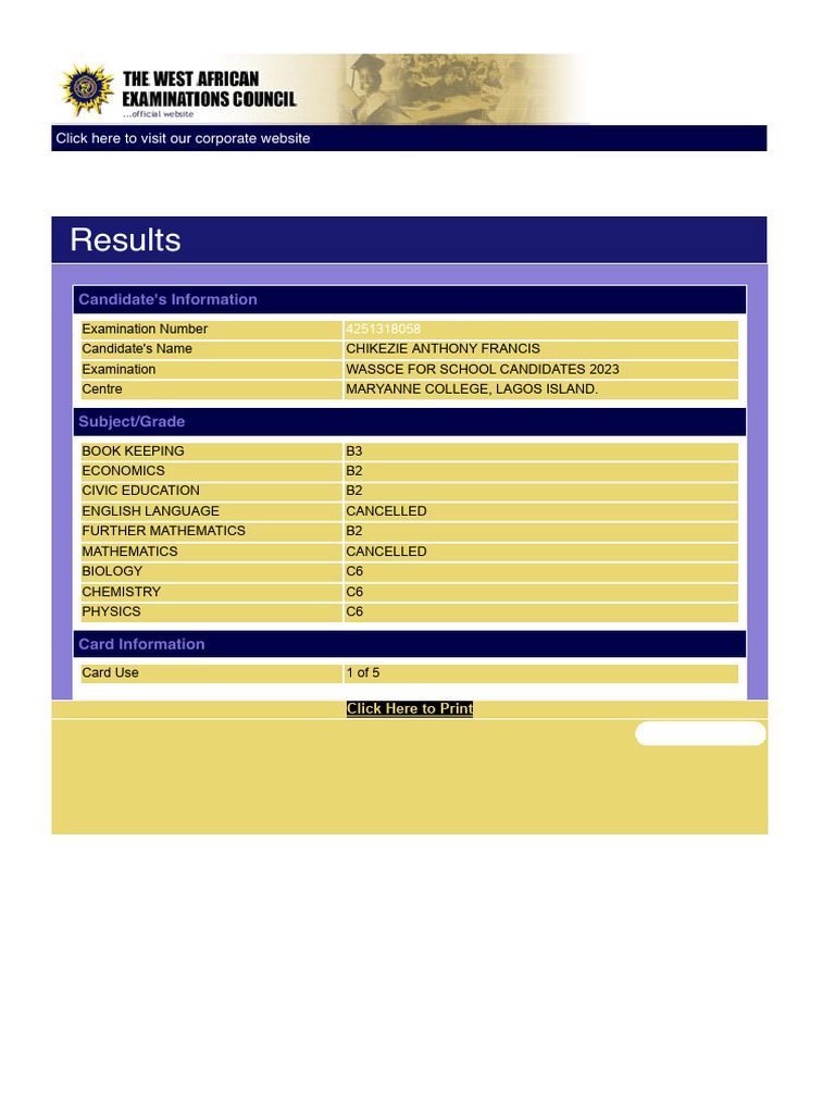 Waecdirect Online - Results | PDF