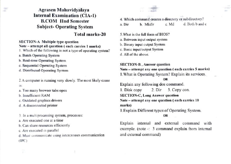 CIA-1 Exam: Operating Systems Overview | PDF