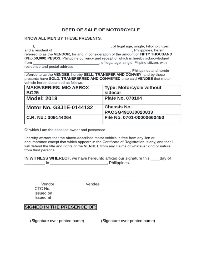 Motorcycle Deed of Sale Template | PDF | Civil Law (Common Law)