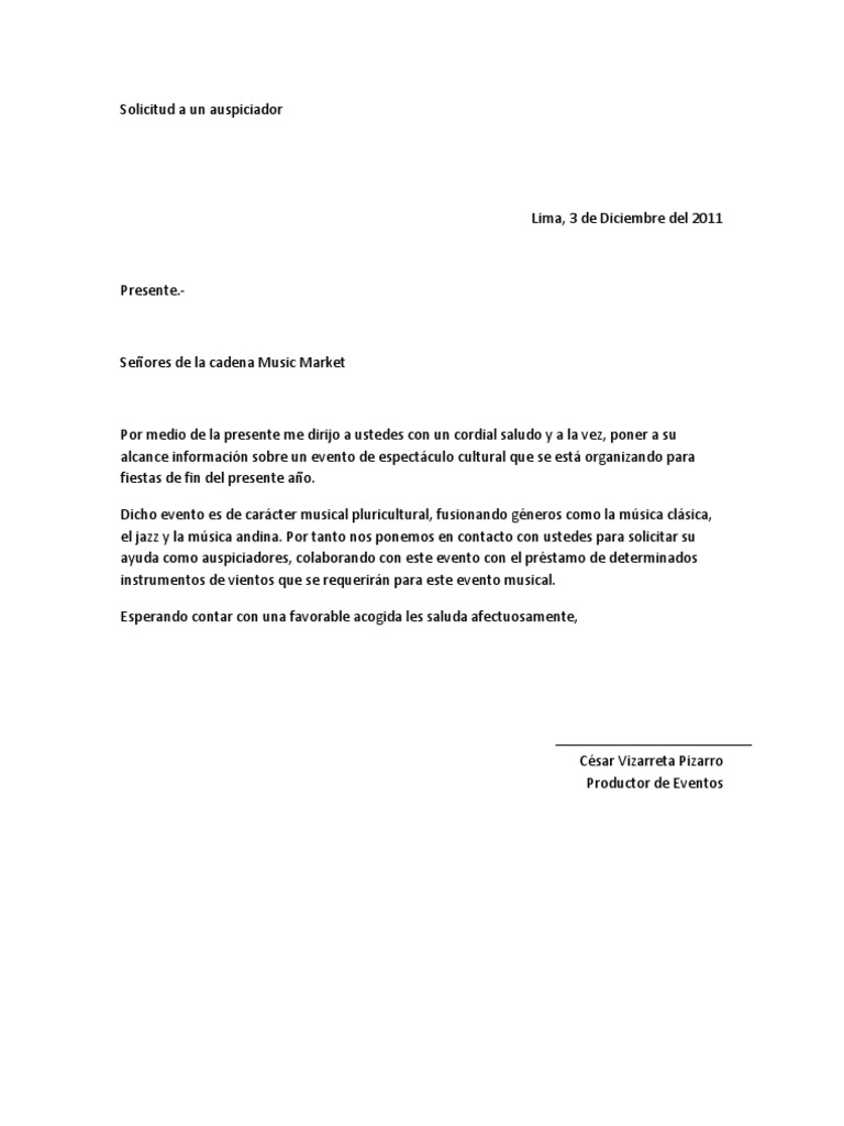 Modelo De Carta Para Solicitar Patrocinio Para Un Evento