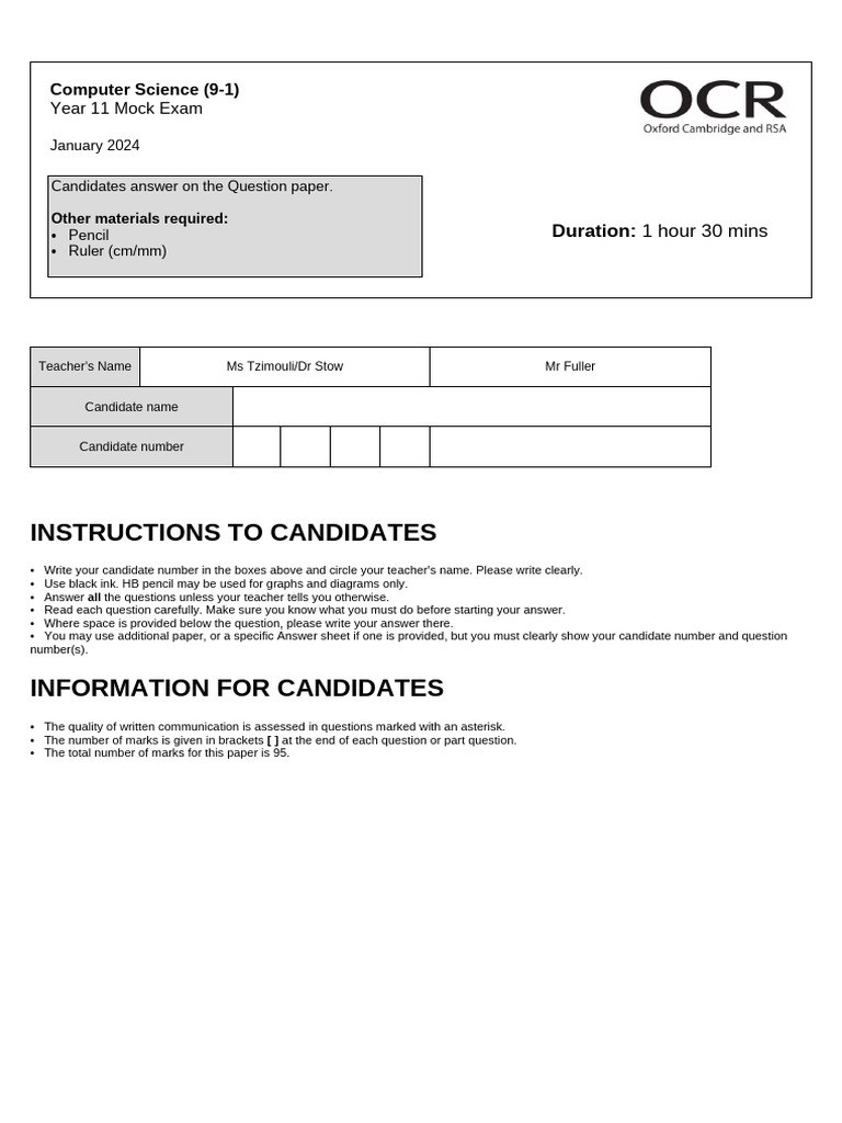 Year 11 Computer Science Mock Exam | PDF | Operating System | Computer ...