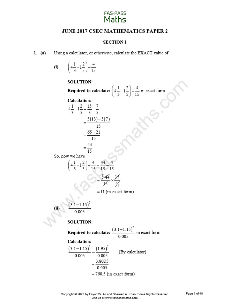 CSEC Maths 2017 June Past Paper Solutions | PDF