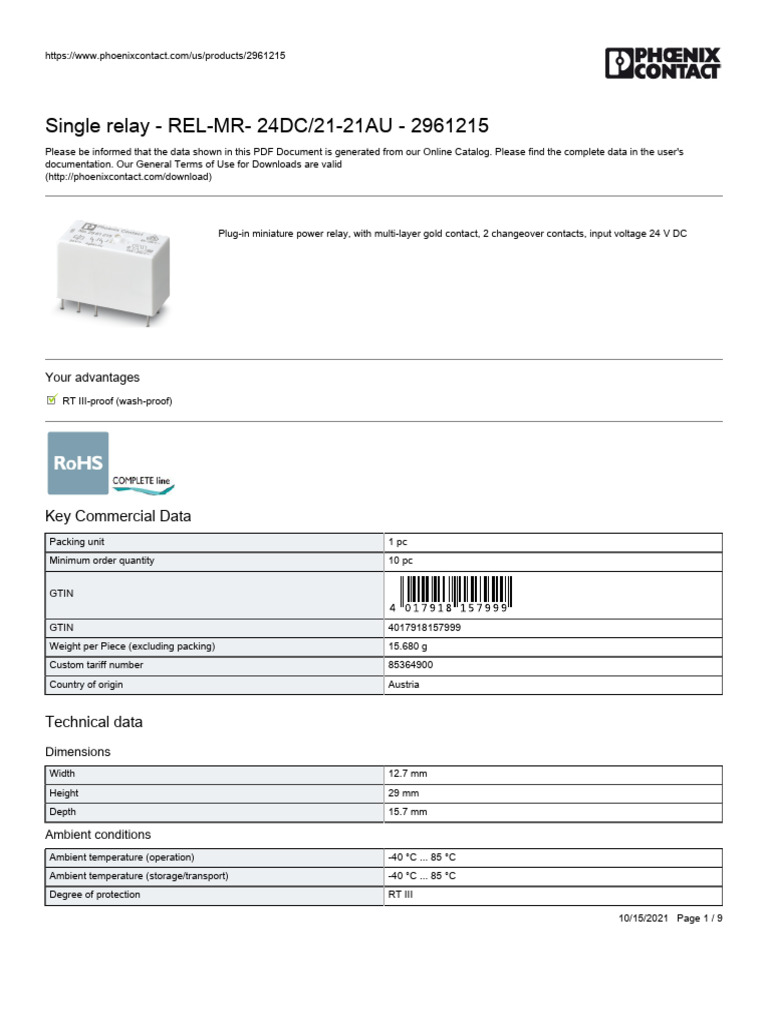 Single Relay - REL-MR-24DC/21-21AU - 2961215: Key Commercial Data | PDF ...