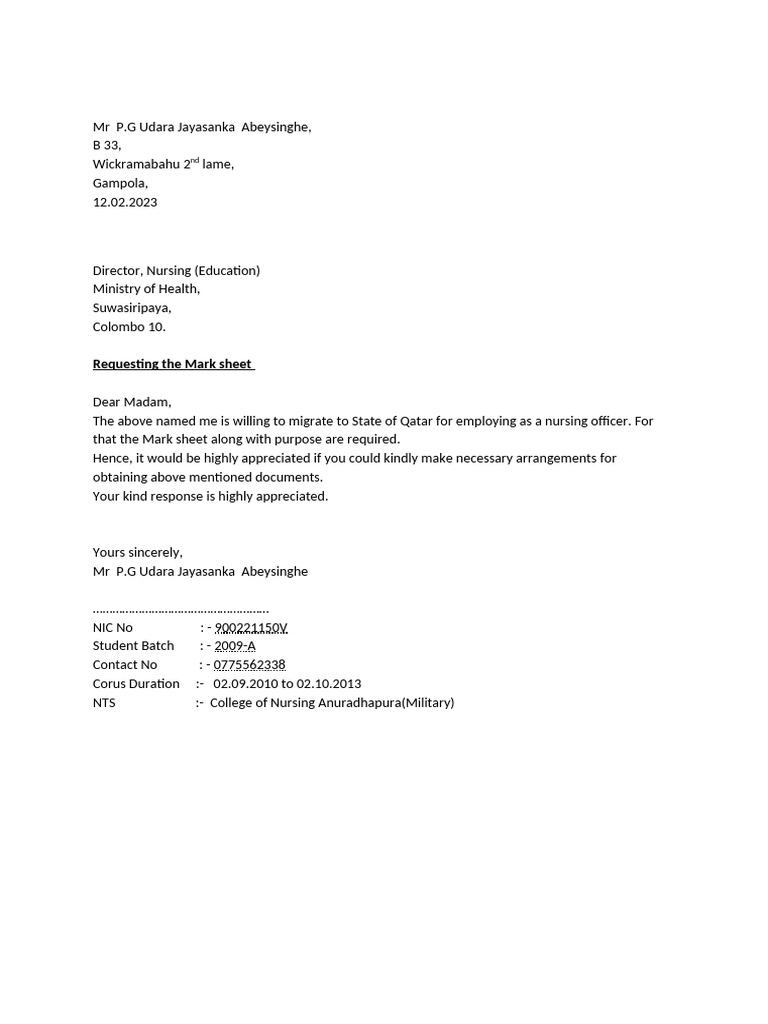 Request for Nursing Mark Sheet | PDF