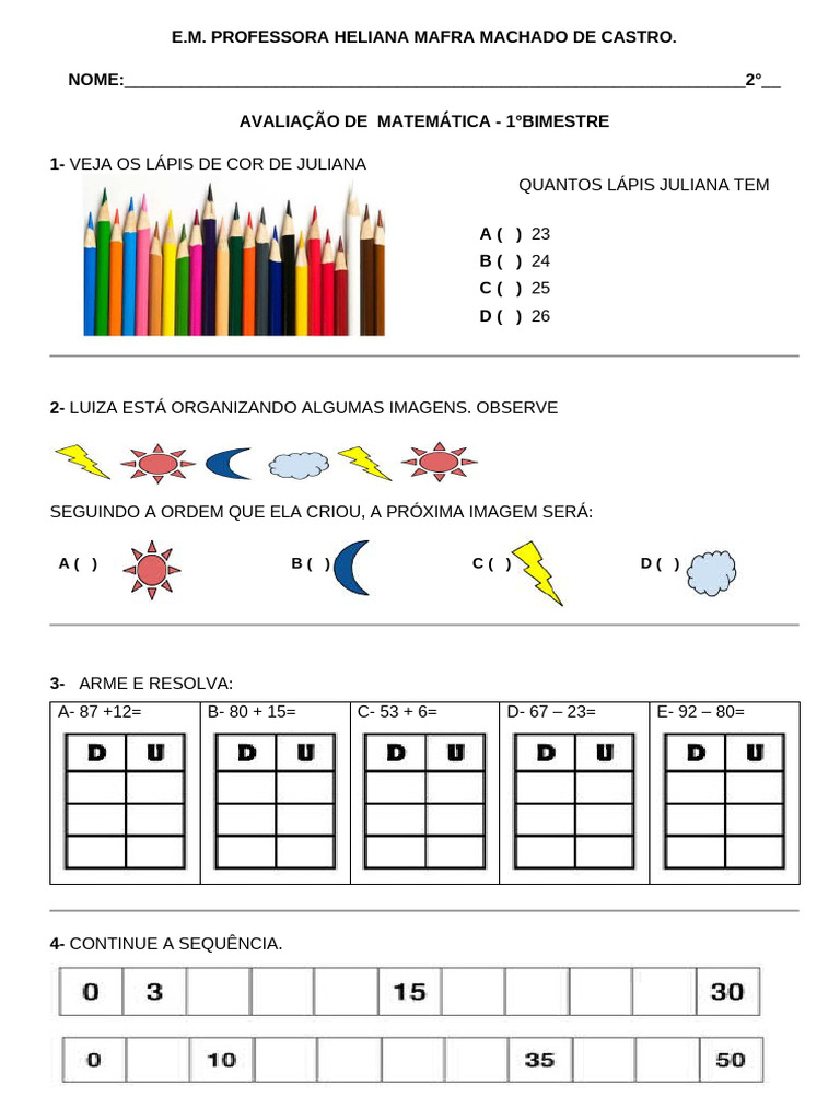 Avaliação de Matemática 1° Bimestre | PDF