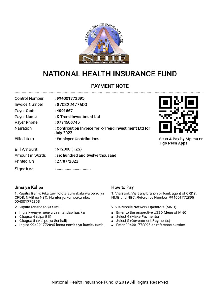 National Health Insurance Fund: Payment Note | PDF