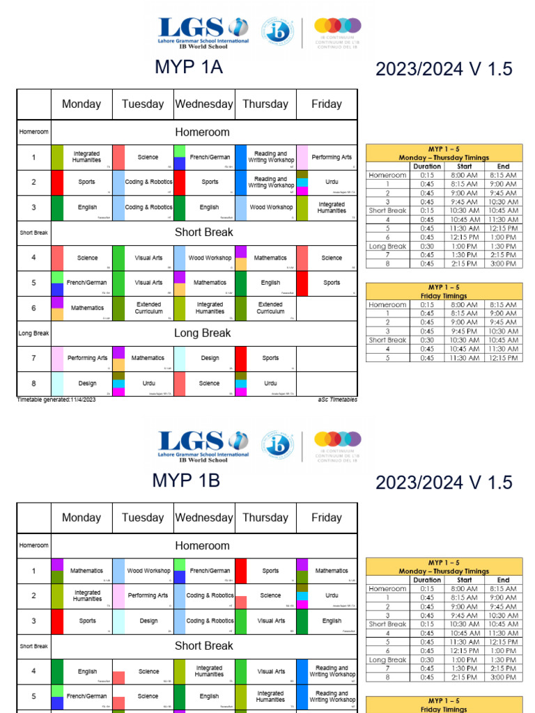 MYP 2023/2024 Timetable Overview | PDF | Liberal Arts Education