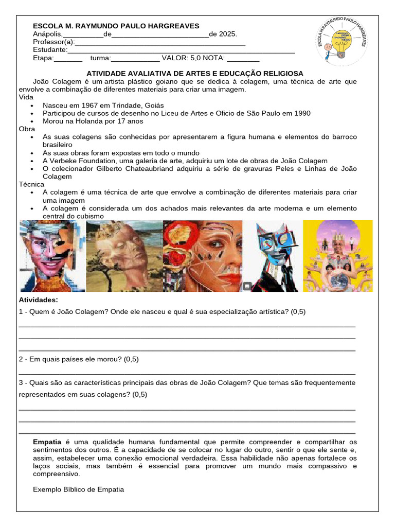 Atividade Avaliativa de Artes e Educação Religiosa - 5 Ano - 2025 | PDF ...