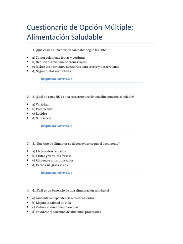 Cuestionario sobre Alimentación Saludable | PDF