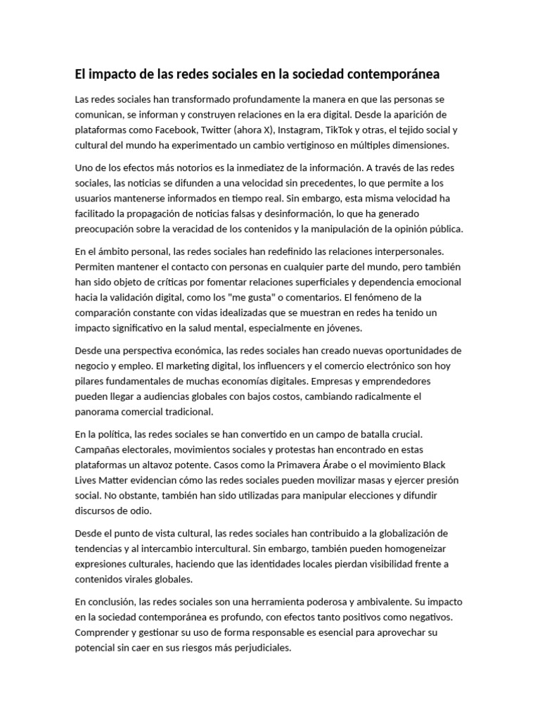 El Impacto de Las Redes Sociales en La Sociedad Contemporánea | PDF ...